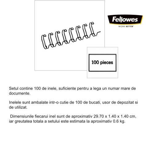 Set 100 inele metalice 14 mm negru, Fellowes, pentru legare cu spirala metalica, capacitate 130 coli [1]