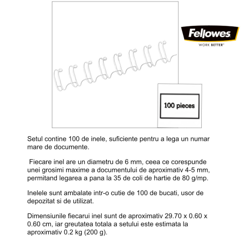 Set 100 inele metalice 6 mm alb, Fellowes, pentru legare cu spirala metalica, capacitate 35 coli [1]