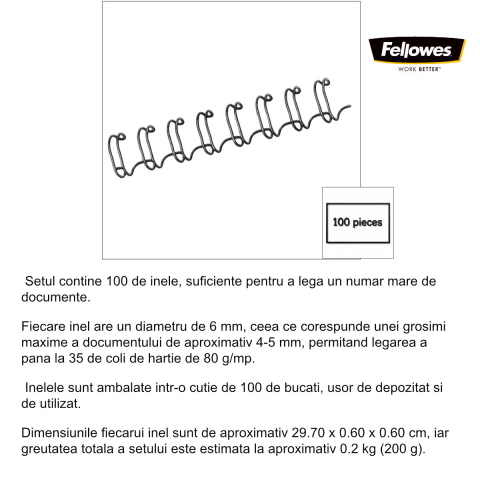 Set 100 inele metalice 6 mm negru, Fellowes, pentru legare cu spirala metalica, capacitate 35 coli [1]