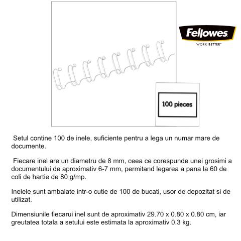 Set 100 inele metalice 8 mm alb, Fellowes, pentru legare cu spirala metalica, capacitate 60 coli [1]