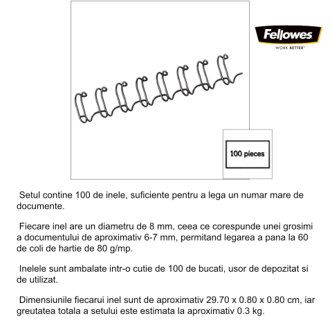 Set 100 inele metalice 8 mm negru, Fellowes, pentru legare cu spirala metalica, capacitate 60 coli [1]