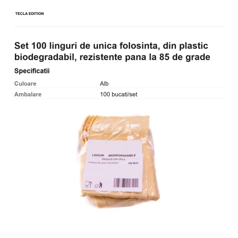 Set 100 linguri de unica folosinta, din plastic biodegradabil, rezistente pana la 85 de grade [2]