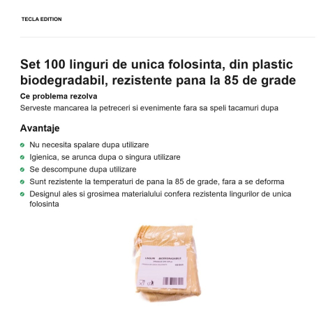 Set 100 linguri de unica folosinta, din plastic biodegradabil, rezistente pana la 85 de grade [1]