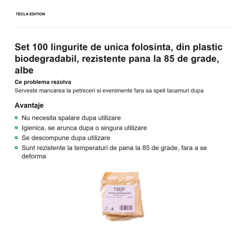 Set 100 lingurite de unica folosinta, din plastic biodegradabil, rezistente pana la 85 de grade, albe [1]