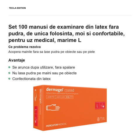 Set 100 manusi de examinare din latex fara pudra, de unica folosinta, moi si confortabile, pentru uz medical, marime L [1]
