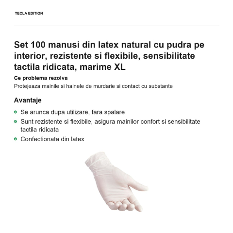 Set 100 manusi din latex natural cu pudra pe interior, rezistente si flexibile, sensibilitate tactila ridicata, marime XL [1]