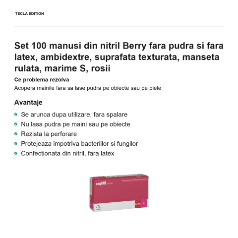 Set 100 manusi din nitril Berry fara pudra si fara latex, ambidextre, suprafata texturata, manseta rulata, marime S, rosii [1]