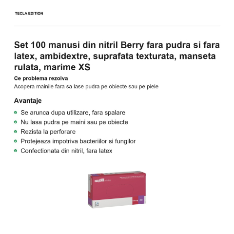 Set 100 manusi din nitril Berry fara pudra si fara latex, ambidextre, suprafata texturata, manseta rulata, marime XS [1]