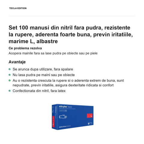 Set 100 manusi din nitril fara pudra, rezistente la rupere, aderenta foarte buna, previn iritatiile, marime L, albastre [1]