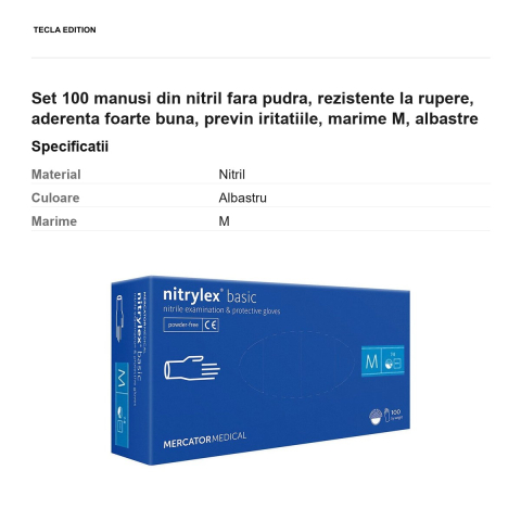 Set 100 manusi din nitril fara pudra, rezistente la rupere, aderenta foarte buna, previn iritatiile, marime M, albastre [2]