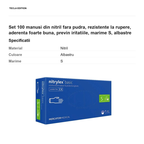 Set 100 manusi din nitril fara pudra, rezistente la rupere, aderenta foarte buna, previn iritatiile, marime S, albastre [2]