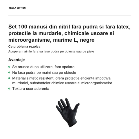 Set 100 manusi din nitril fara pudra si fara latex, protectie la murdarie, chimicale usoare si microorganisme, marime L, negre [1]