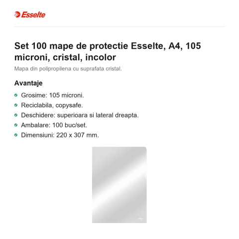 Set 100 mape de protectie Esselte, A4, 105 microni, cristal, incolor [1]