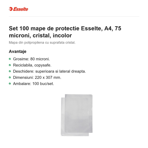 Set 100 mape de protectie Esselte, A4, 75 microni, cristal, incolor [1]