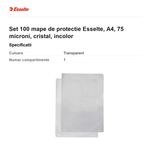 Set 100 mape de protectie Esselte, A4, 75 microni, cristal, incolor [2]
