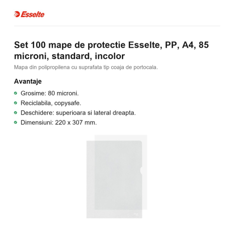 Set 100 mape de protectie Esselte, PP, A4, 85 microni, standard, incolor [1]