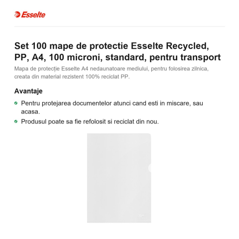 Set 100 mape de protectie Esselte Recycled, PP, A4, 100 microni, standard, pentru transport [1]