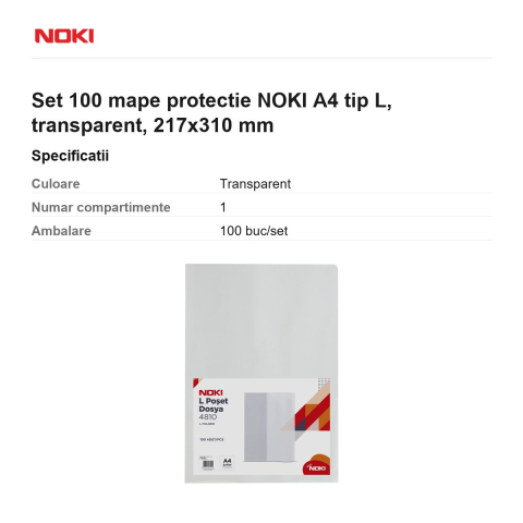 Set 100 mape protectie NOKI A4 tip L, transparent, 217x310 mm [2]