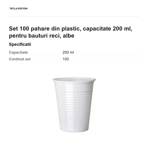 Set 100 pahare din plastic, capacitate 200 ml, pentru bauturi reci, albe [2]