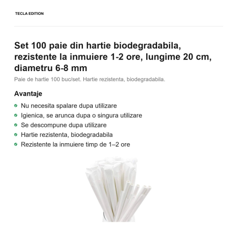 Set 100 paie din hartie biodegradabila, rezistente la inmuiere 1-2 ore, lungime 20 cm, diametru 6-8 mm [1]