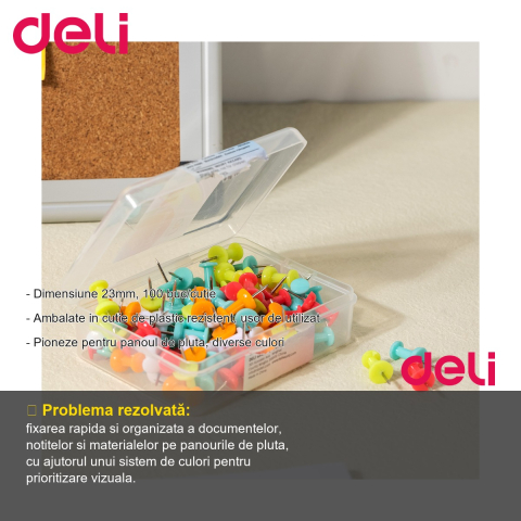 Set 100 pioneze colorate Deli pentru panou de pluta, dimensiune 23mm, diverse culori [1]