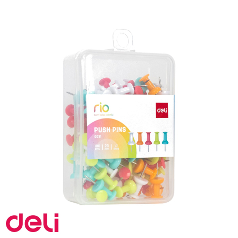 Pioneze si accesorii pentru fixare - Set 100 pioneze colorate Deli pentru panou de pluta, dimensiune 23mm, diverse culori