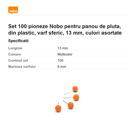 Set 100 pioneze Nobo pentru panou de pluta, din plastic, varf sferic, 13 mm, culori asortate [2]