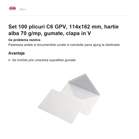 Set 100 plicuri C6 GPV, 114x162 mm, hartie alba 70 g/mp, gumate, clapa in V [1]