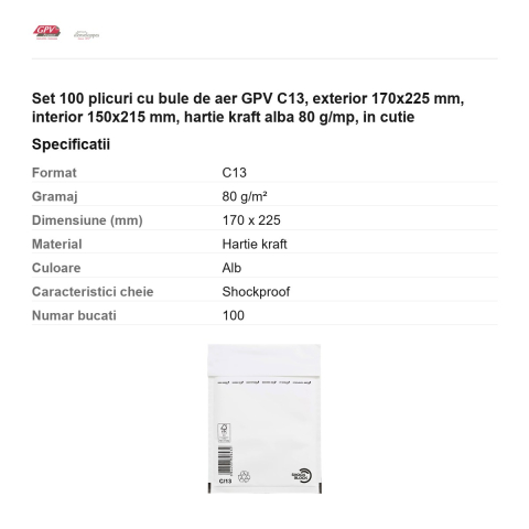 Set 100 plicuri cu bule de aer GPV C13, exterior 170x225 mm, interior 150x215 mm, hartie kraft alba 80 g/mp, in cutie [2]