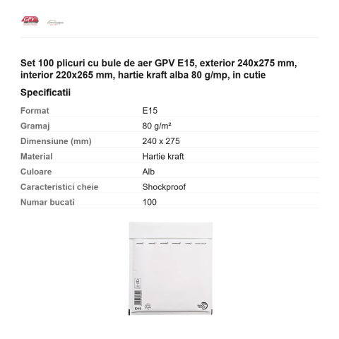 Set 100 plicuri cu bule de aer GPV E15, exterior 240x275 mm, interior 220x265 mm, hartie kraft alba 80 g/mp, in cutie [2]