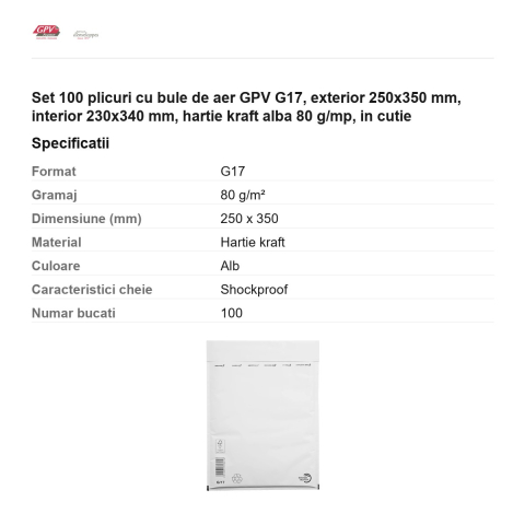 Set 100 plicuri cu bule de aer GPV G17, exterior 250x350 mm, interior 230x340 mm, hartie kraft alba 80 g/mp, in cutie [2]