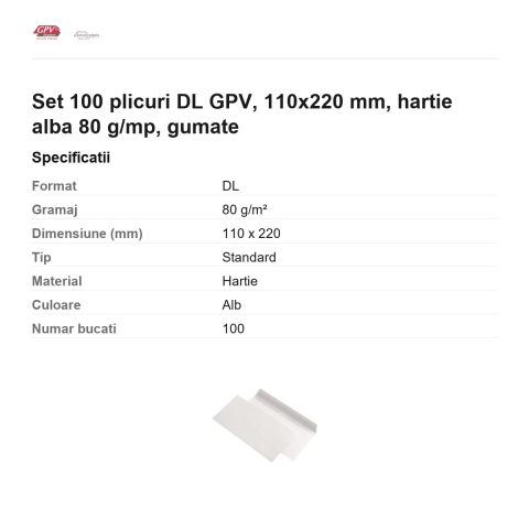 Set 100 plicuri DL GPV, 110x220 mm, hartie alba 80 g/mp, gumate [2]