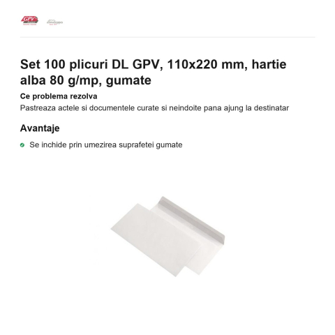 Set 100 plicuri DL GPV, 110x220 mm, hartie alba 80 g/mp, gumate [1]