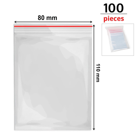 Set 100 Pungi cu Inchidere Zip, 80 x 110 mm, Grosime 40 Microni, din Material Plastic de Calitate Alimentara, pentru Sigilare Sigura a Alimentelor si Organizare Obiecte Mici [1]