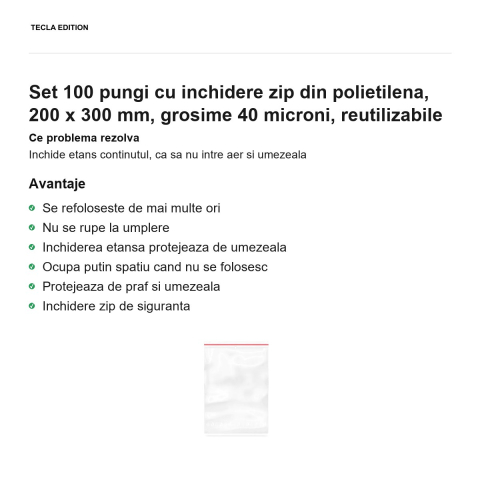 Set 100 pungi cu inchidere zip din polietilena, 200 x 300 mm, grosime 40 microni, reutilizabile [1]