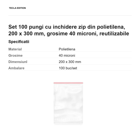 Set 100 pungi cu inchidere zip din polietilena, 200 x 300 mm, grosime 40 microni, reutilizabile [2]