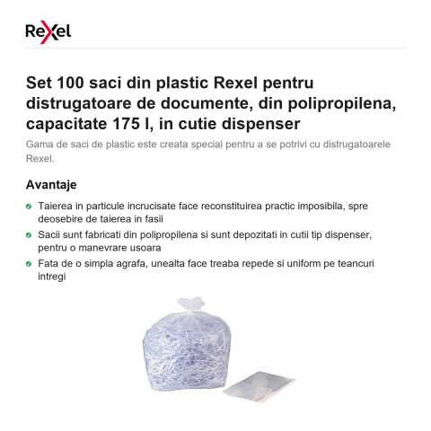 Set 100 saci din plastic Rexel pentru distrugatoare de documente, din polipropilena, capacitate 175 l, in cutie dispenser [1]