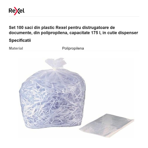 Set 100 saci din plastic Rexel pentru distrugatoare de documente, din polipropilena, capacitate 175 l, in cutie dispenser [2]