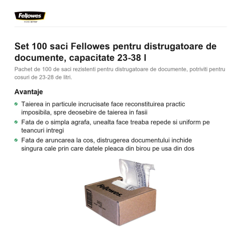 Set 100 saci Fellowes pentru distrugatoare de documente, capacitate 23-38 l [1]
