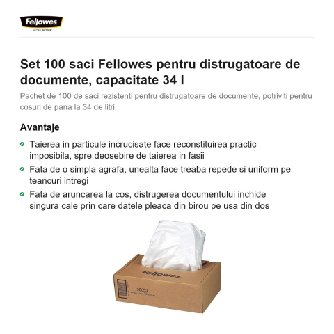 Set 100 saci Fellowes pentru distrugatoare de documente, capacitate 34 l [1]