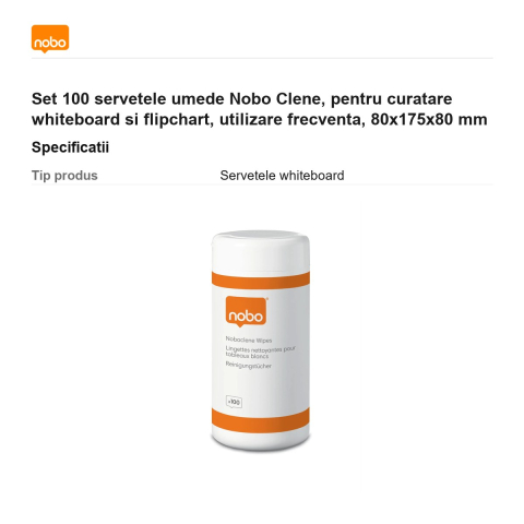 Set 100 servetele umede Nobo Clene, pentru curatare whiteboard si flipchart, utilizare frecventa, 80x175x80 mm [2]