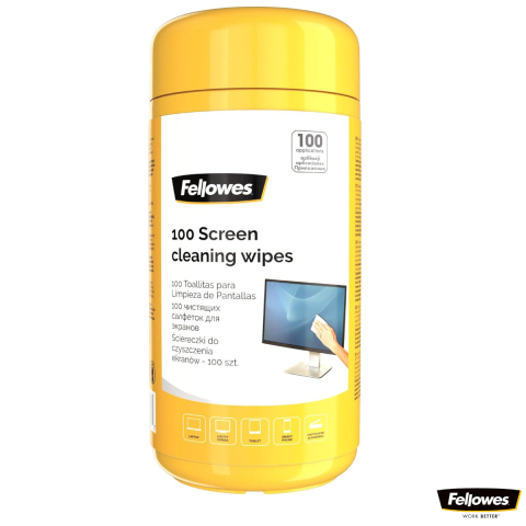 Curatare IT - Set 100 servetele umede pentru curatare monitor, Fellowes, antistatice, biodegradabile, pentru ecrane LCD, TFT, laptop