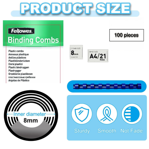 Set 100 spire inele plastic 8 mm albastru pentru legat documente A4 pana la 40 coli ambalaj economic Fellowes [1]