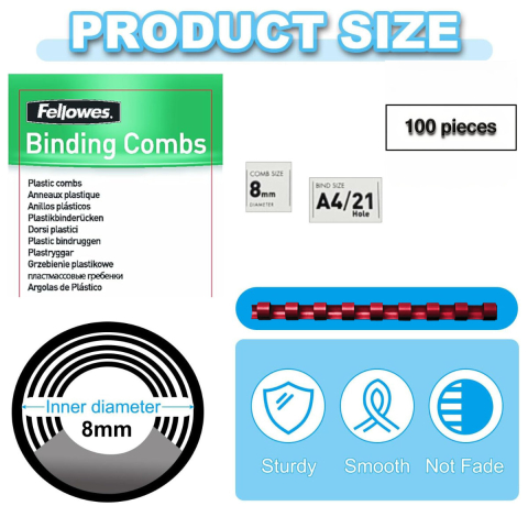 Set 100 spire inele plastic 8 mm rosu pentru legat documente A4 pana la 40 coli ambalaj economic Fellowes [1]