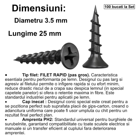 Set 100 Suruburi autofiletante pentru gips-carton, 3.5x25 mm, filet rapid pentru lemn, cap inecat PH2, otel fosfatat [1]
