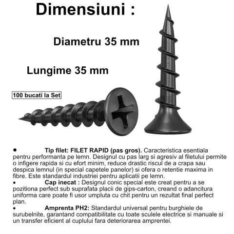 Set 100 Suruburi autofiletante pentru gips-carton, 3.5x35 mm, filet rapid pentru lemn, cap inecat PH2, otel fosfatat [1]
