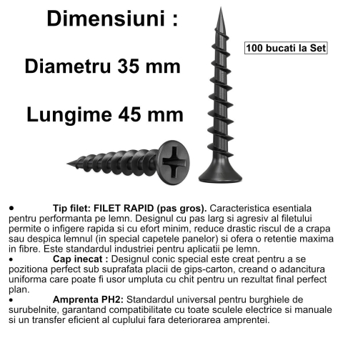Set 100 Suruburi autofiletante pentru gips-carton, 3.5x45 mm, filet rapid pentru lemn, cap inecat PH2, otel fosfatat [1]