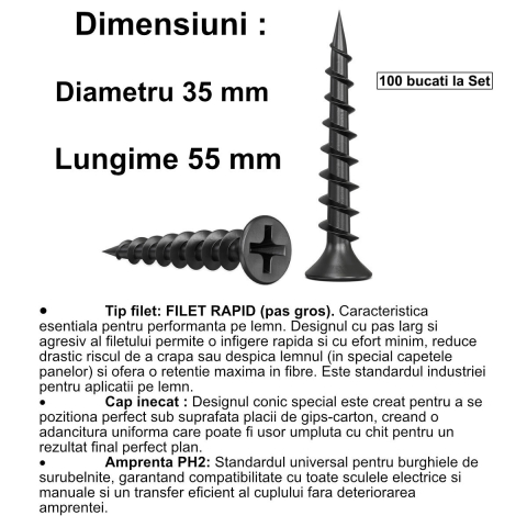 Set 100 Suruburi autofiletante pentru gips-carton, 3.5x55 mm, filet rapid pentru lemn, cap inecat PH2, otel fosfatat [1]