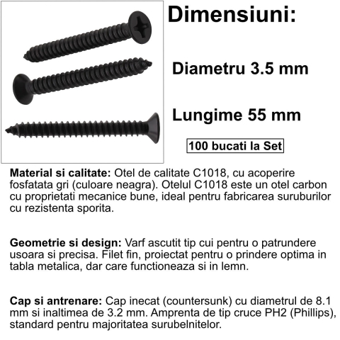 Set 100 Suruburi Autofiletante pentru Gips-Carton, 3.5x55mm, Filet Fin, Cap Inecat, pentru Aplicatii Speciale si Structuri Groase, Otel Fosfatat [1]