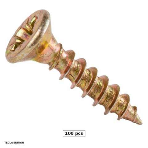 Suruburi, dibluri si accesorii prindere - Set 100 suruburi pentru PAL si lemn cap inecat, 3x30 mm, amprenta PZ1, tratate termic, zincate galben, prind lemnul cu capul la nivelul suprafetei